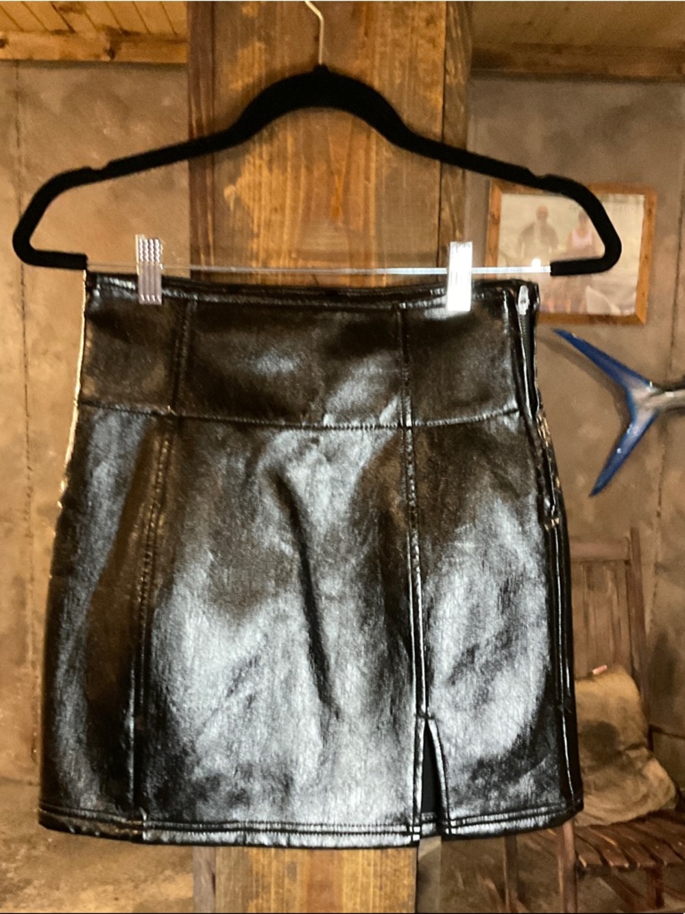 Free People Black Faux Leather Mini Skirt with Front Vent